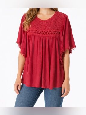 HEIMISH USA Red Crochet Yoke Flutter Sleeve Tunic